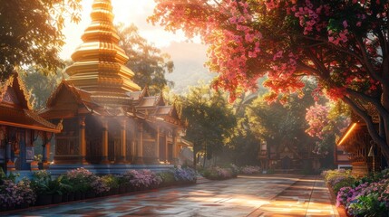 Radiant Sunlight Illuminating the Golden Chedi of Wat Phra That Hariphunchai in Lamphun Province