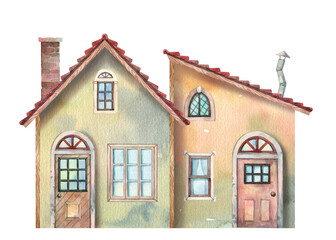 Cottage facade watercolor drawing. Hand painted cute cottage house front view with decorative windows and entrance door, brick chimney