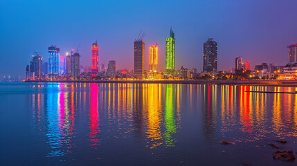 Obraz premium Vibrant City Skyline at Twilight with Colorful Reflections on Water