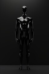A black male mannequin made of a smooth shiny material stands on a black base on a dark gray background.