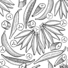 Hand drawn sketch style plantain seamless pattern. Organic fresh fruit vector illustration. Retro exotic banana fruit background © lubovchipurko