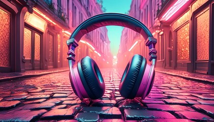 Pink Headphones: Neon Night, Cobblestone Street, Modern
