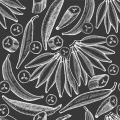 Hand drawn sketch style plantain seamless pattern. Organic fresh fruit vector illustration on chalk board. Retro exotic banana fruit background © lubovchipurko