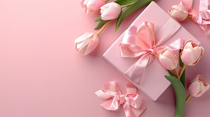 Elegance in Pink: Tulips and Gift on a Pale Pink Background