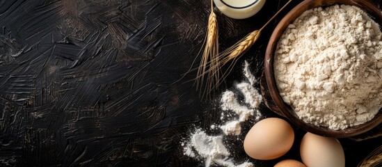 Flour placed in a wooden bowl on a dark wooden surface alongside wheat spikelets, eggs, and milk, captured from a top view with space for text. - Powered by Adobe
