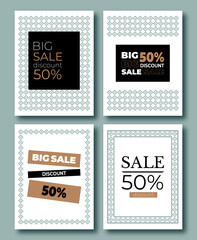 Set of four minimalist sale posters with bold text and modern graphics,ornament in neutral tones. 50 percent discount luxury banners. Geometric ethnic pattern. Brown, black and blue colors. Vector.