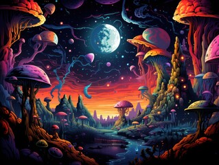 A colorful fantasy landscape with mushrooms, planets, and a river running through a canyon. The sky is a gradient of red and blue, and there is a full moon.
