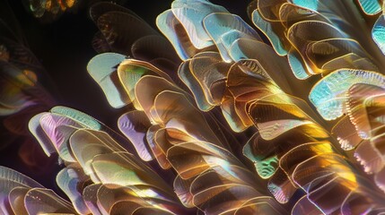 Closeup of butterfly wing scales, microscopic view, iridescent colors.