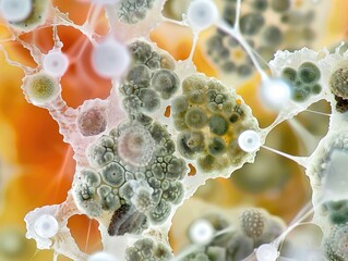 Closeup of mold spores growing, intricate details, diverse colors, microscopic photography, stock photo style
