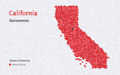 California Map with a capital of Sacramento Shown in a Mosaic Pattern	