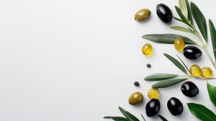 olives with twigs and fresh green leaves on flat white background. Space for text