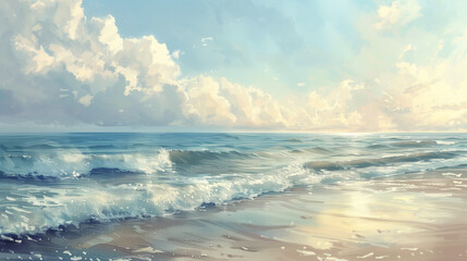 Obraz premium Coastal seascape, Calm Ocean Under Soft Cloudy Sky