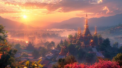 Vibrant D Rendered Sunlight Illuminating Wat Phra That Mae Yen Temple in Pai Mae Hong Son