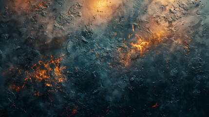 A dark and fiery background with a few small flames