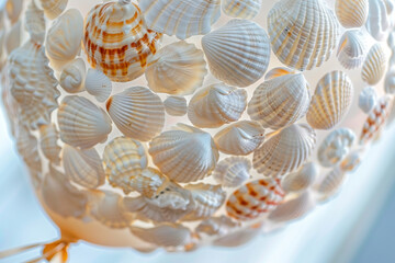 A close-up of a balloon filled with tiny seashells, evoking a sense of seaside charm.