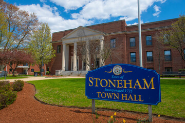 Stoneham Town Hall at 35 Central Street in historic town center of Stoneham, Middlesex County,...
