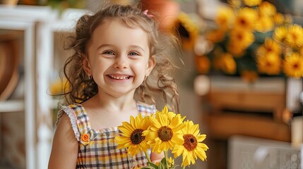 Little Girl Embracing Sunlight With Sunflowers