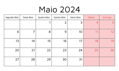 May 2024 portuguese calendar. Vector illustration. Monthly planning for your business in Portugal
