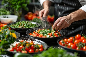 Close-up of skilled hands of a cook garnishing a colorful dish with green herbs, surrounded by ripe tomatoes and culinary ingredients