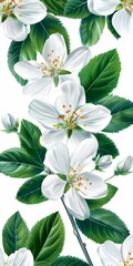 White Flowers and Green Leaves on a White Background