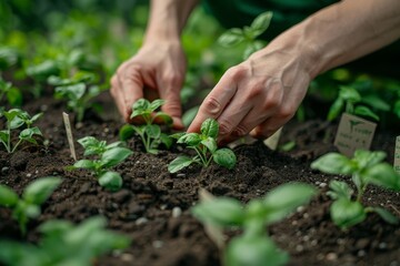 A pair of hands carefully planting young basil plants in a bed of rich, dark soil, symbolizing growth and environmental care