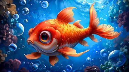 Fototapeta premium Cute cartoon goldfish with big eyes swims in the deep blue sea.