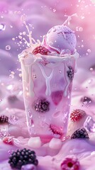 Pink milkshake with a berry explosion, captured mid-movement with a light purple backdrop