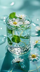 An enticing close-up of daisies floating in a filled glass, with bubbles and green leaves on a tranquil blue surface