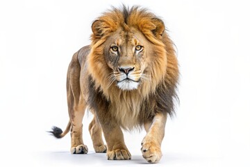 ide view of a Lion walking, looking at the camera, Panthera Leo, 10 years old, isolated on white