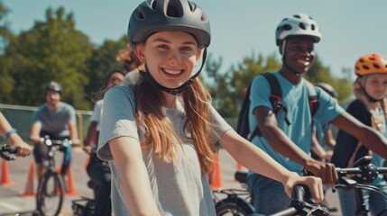 Obraz premium A teenage girl smiling at the camera while wearing a helmet, cycling in a group with friends on a sunny day
