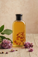 Composition of small glass bottle of flower essential oil extract and dried flowers. Natural organic cosmetics on a wooden tabletop. Aromatherapy and spa treatment. Alternative medicine and perfumery