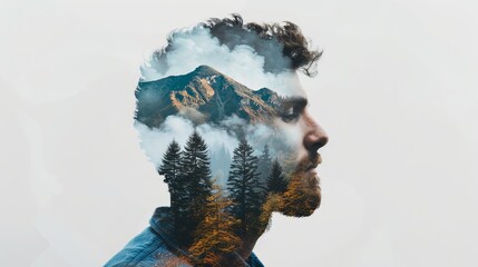 Double exposure combines a woman's face, high mountains and forest. Panoramic view. The concept of the unity of nature and man. Dream, reminisce or plan a climb. Memory of a mountaineer. Illustration. - obrazy, fototapety, plakaty