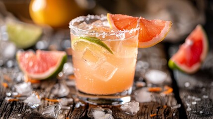 A close-up of a grapefruit cocktail with salted rim, ice, and citrus slices on a rustic wooden background