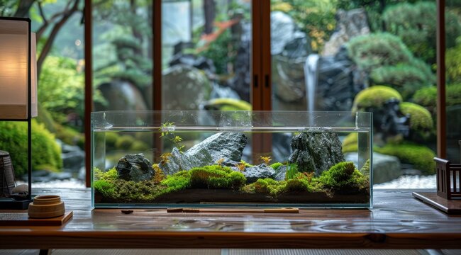 A serene aquascape featuring lush greenery and rugged rocks, set against a backdrop of a Japanese garden visible through a clear window