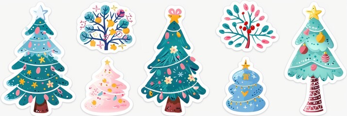Cheerful stickers and drawings of cartoon Christmas trees, perfect for Christmas and New Year decorations.