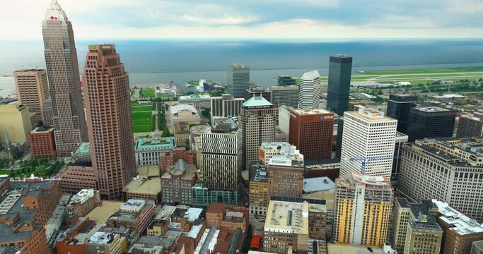 Urban landscape of downtown district of Cleveland in Ohio state, USA. American city skyline with high commercial buildings