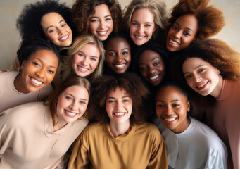 Obraz premium Multicultural women group, faces close together, diversity of smiles.
