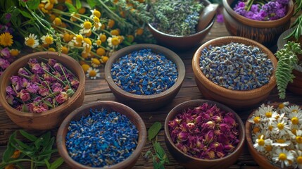 Intricate wooden bowls filled with a variety of dried flowers for decoration or herbal use on a rustic wooden table
