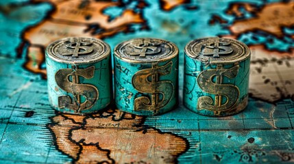 Three copper money barrels with dollar sign laying on the world map.