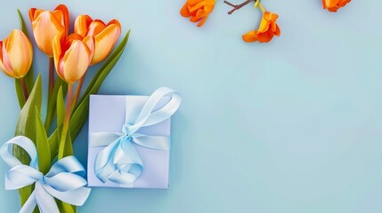 Greeting Card with Orange Tulips Bouquet and Gift