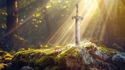 Sword in the stone on mossy rock, enchanted forest background with rays of sunlight. AI generated illustration