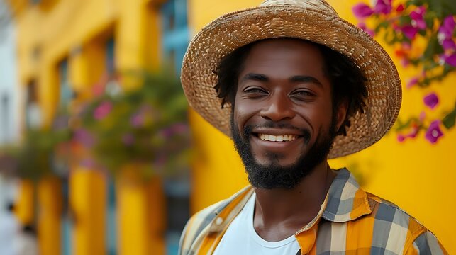 Happy man with sunglasses and straw hat in monochromatic yellow palette
