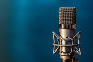 A classic microphone encased in a shock mount, prepared for studio recording, against a solid, royal blue background.