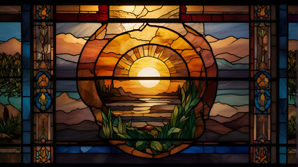 stained glass window in the sunset