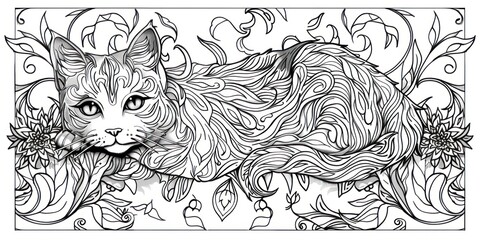 Relaxing adult coloring book page with a stunning cat drawing waiting to be colored.