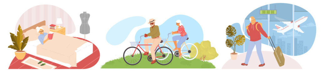 Fototapeta premium Elderly on holidays weekend enjoying different activities scene set. Senior family traveling by bicycle, mature man going for aircraft trip, old woman resting reading in bed vector illustration