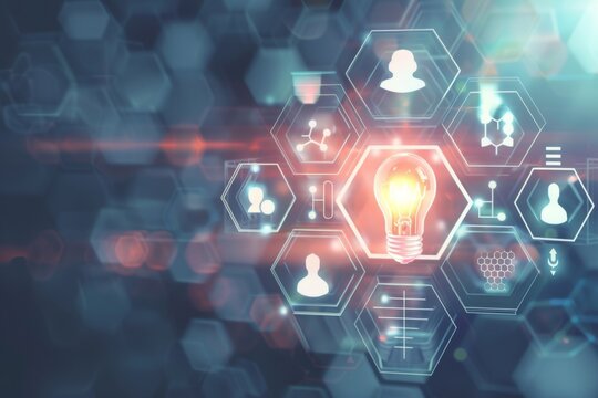 A digital illustration of an abstract background with hexagons and icons representing technology, innovation, creativity, business intelligence, advertising, and marketing, social media Generative AI