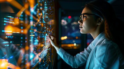A woman wearing glasses is looking at a computer screen with some glowing data written on it. The concept of focus in work. A programmer is studying the code. Illustration for varied design.