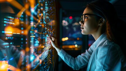 A woman wearing glasses is looking at a computer screen with some glowing data written on it. The concept of focus in work. A programmer is studying the code. Illustration for varied design.