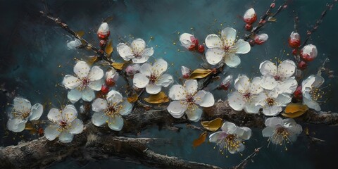 Beautiful drawing painting watercolor acrylic plant flowers blossom plum sakura branch floral decoration background paint